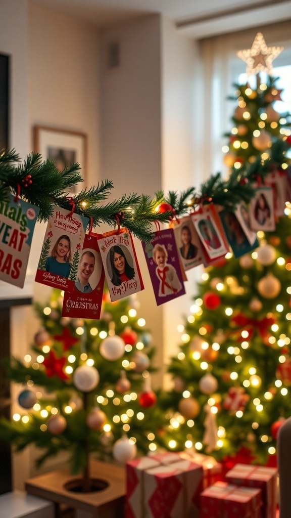 A festive Christmas card garland with colorful cards hanging in a cozy room with a Christmas tree.